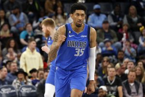 Mar 20, 2023; Memphis, Tennessee, USA; Dallas Mavericks forward Christian Wood (35) reacts after a basket during the second half against the Memphis Grizzlies at FedExForum. Mandatory Credit: Petre Thomas-USA TODAY Sports