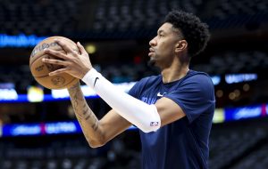 Apr 5, 2023; Dallas, Texas, USA; Dallas Mavericks forward Christian Wood (35) warms up before the game against the Sacramento Kings at American Airlines Center. Mandatory Credit: Kevin Jairaj-USA TODAY Sports